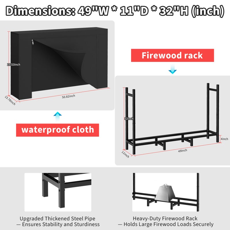 DIAMONDFORGE 4ft Firewood Rack Outdoor with Cover, Heavy Duty Fire Wood Stand, Metal Firewood Rack Indoor, Firewood Holder Storage, Log Wood Pile Racks Stand for Patio, Garden, Backyard, Matte Black - Image 4