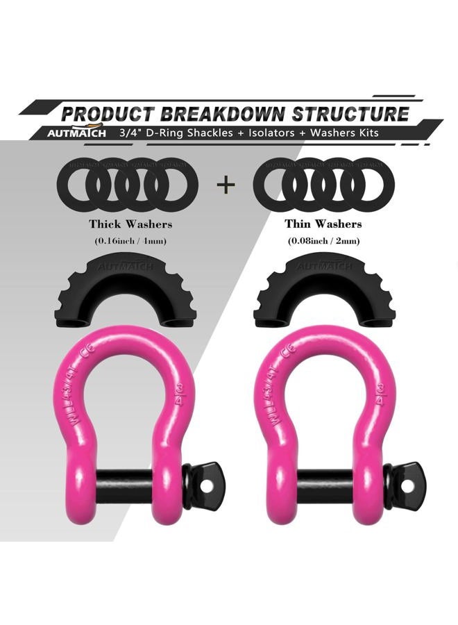 AUTMATCH D Ring Shackle 3/4" Shackles (2 Pack) 41,887Ibs Break Strength with 7/8" Screw Pin and Shackle Isolator Washers Kit for Tow Strap Winch Off Road Vehicle Recovery Pink & Black - Image 2