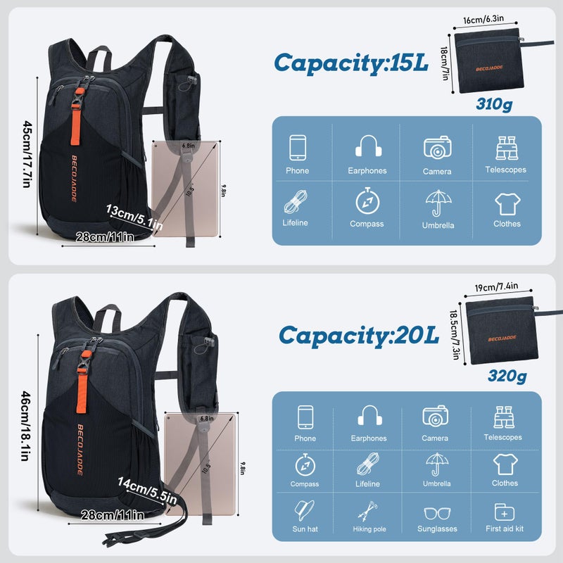 BECOJADDE 20L Small Hiking Backpack for Men Women Foldable Packable Back Pack Ultralight Hiking Daypack for Travel Camping Outdoor, Black - Image 4