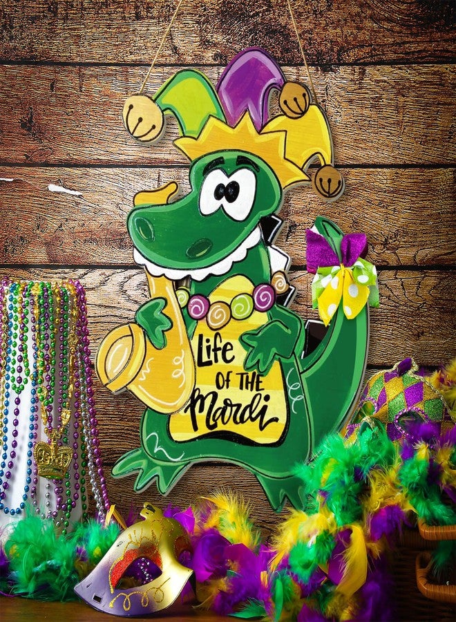 Hungdao Mardi Gras Alligator Front Door Sign Mardi Gras Door Hanger Carnival New Orleans Mardi Gras Wooden Hanging Welcome Sign Wood Door Hanger for Home Indoor Outdoor Farmhouse Wall Window Decor - Image 3