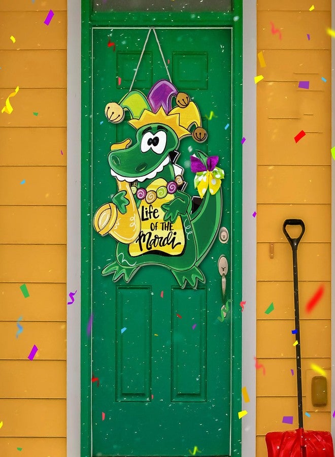 Hungdao Mardi Gras Alligator Front Door Sign Mardi Gras Door Hanger Carnival New Orleans Mardi Gras Wooden Hanging Welcome Sign Wood Door Hanger for Home Indoor Outdoor Farmhouse Wall Window Decor - Image 4