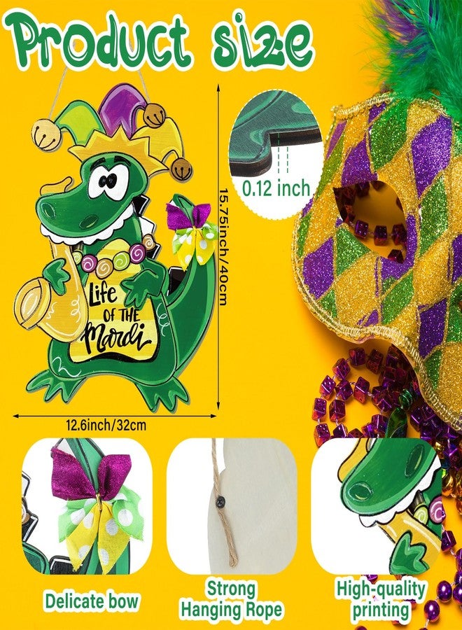 Hungdao Mardi Gras Alligator Front Door Sign Mardi Gras Door Hanger Carnival New Orleans Mardi Gras Wooden Hanging Welcome Sign Wood Door Hanger for Home Indoor Outdoor Farmhouse Wall Window Decor - Image 2