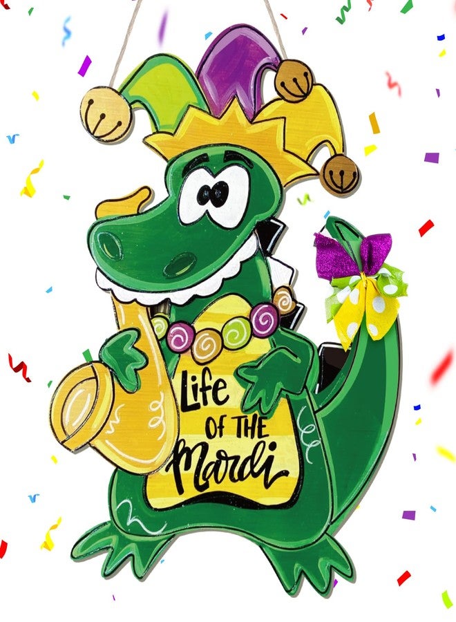 Hungdao Mardi Gras Alligator Front Door Sign Mardi Gras Door Hanger Carnival New Orleans Mardi Gras Wooden Hanging Welcome Sign Wood Door Hanger for Home Indoor Outdoor Farmhouse Wall Window Decor - Image 1