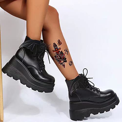 Ulalaza Dark Bat Wing Ankle Boots for Women Wedge Chunky with Sassy Platform Boot Round Toe Lace up Side Zipper High Heel Women Boot Stretch Fabric Soft Skin-Friendly and fit Around The Ankle - Image 3