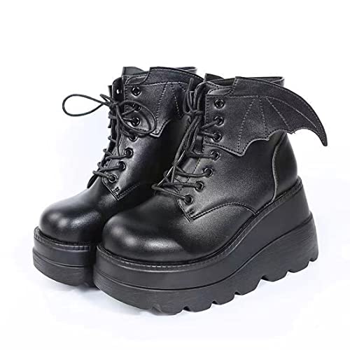 Ulalaza Dark Bat Wing Ankle Boots for Women Wedge Chunky with Sassy Platform Boot Round Toe Lace up Side Zipper High Heel Women Boot Stretch Fabric Soft Skin-Friendly and fit Around The Ankle - Image 1