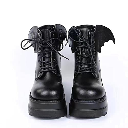 Ulalaza Dark Bat Wing Ankle Boots for Women Wedge Chunky with Sassy Platform Boot Round Toe Lace up Side Zipper High Heel Women Boot Stretch Fabric Soft Skin-Friendly and fit Around The Ankle - Image 5