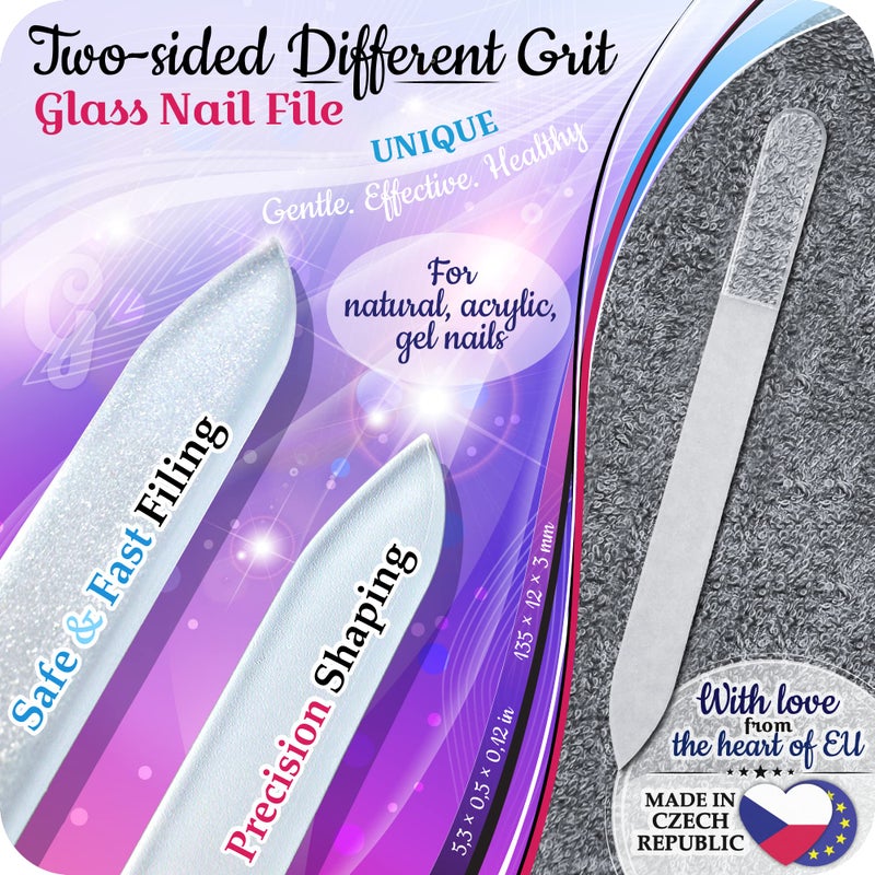 Gladzy Genuine Czech Glass Nail File Set by GLADZY - Callus Remover Foot Rasp, Cuticle Pusher Manicure Stick, Double Sided Etched Different Grit Surface, Professional Nail Care Tool Kit, Made in EU - Image 3