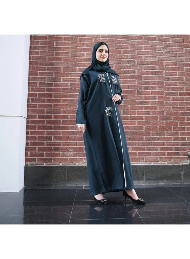 HAWRAA ABAYA Dark green wrap abaya decorated with prominent embroidery and strings on the edges of the abaya and sleeves