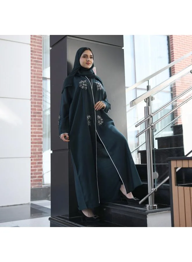 HAWRAA ABAYA Dark green wrap abaya decorated with prominent embroidery and strings on the edges of the abaya and sleeves