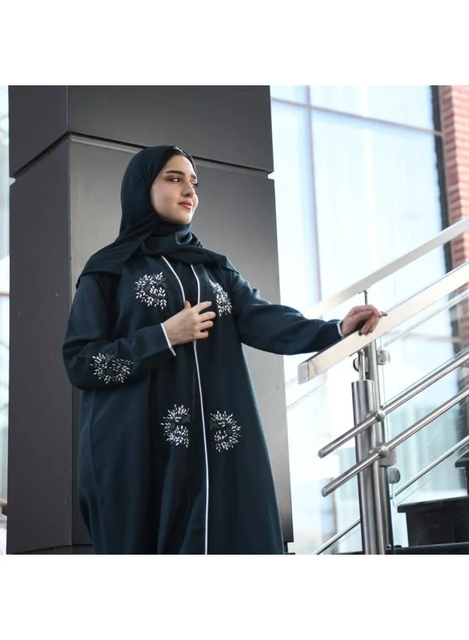 HAWRAA ABAYA Dark green wrap abaya decorated with prominent embroidery and strings on the edges of the abaya and sleeves