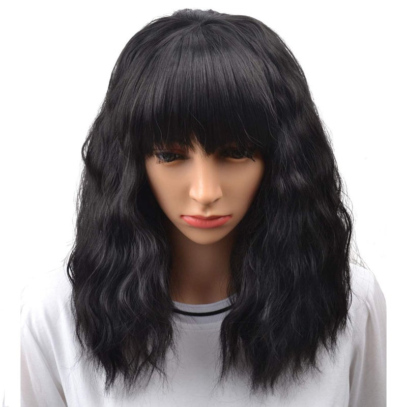 BERON Black Wig for Womens Short Curly Wavy Bob Hair Wigs with Bangs Movie Cosplay Costume Wig Heat Resistant Synthetic Wig Daily Party Use
