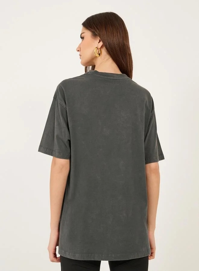 Styli Slogan Print Round Neck Oversized T-Shirt