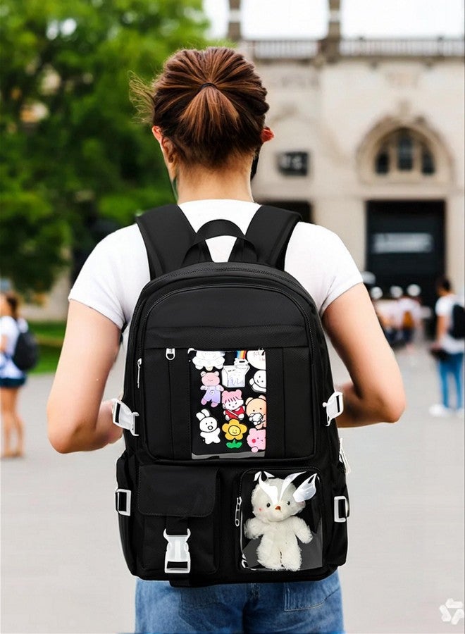 PRLINJSK Kawaii Backpack for Teen Girls, Cute Aesthetic High Middle School College Bookbag with Accessories, Dark Black, Medium, Traditional Backpacks - Image 2