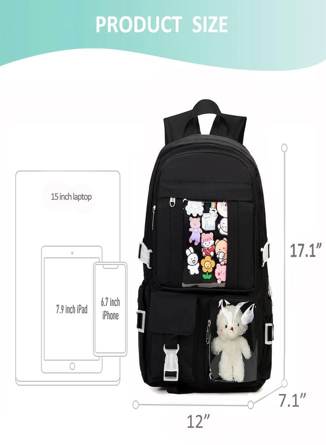 PRLINJSK Kawaii Backpack for Teen Girls, Cute Aesthetic High Middle School College Bookbag with Accessories, Dark Black, Medium, Traditional Backpacks - Image 3