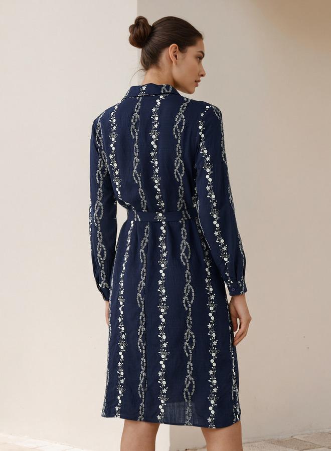 سبلاش فيڤ فستان بحزام بطول الركبة مع تطريز زهري - Image 3