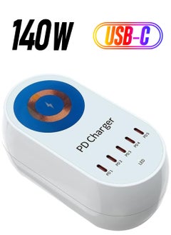 AMBERJACK 140W GaN Multi-Port Charger with Wireless Fast Charging, PD Multi-port Charger, Support 15W Wireless Fast Charging, 5 Ports PD type C Charging Station For Apple Iphone 16, 15, 14, 13 12, Samsung, Smartphones, Laptops, etc  - Image 1