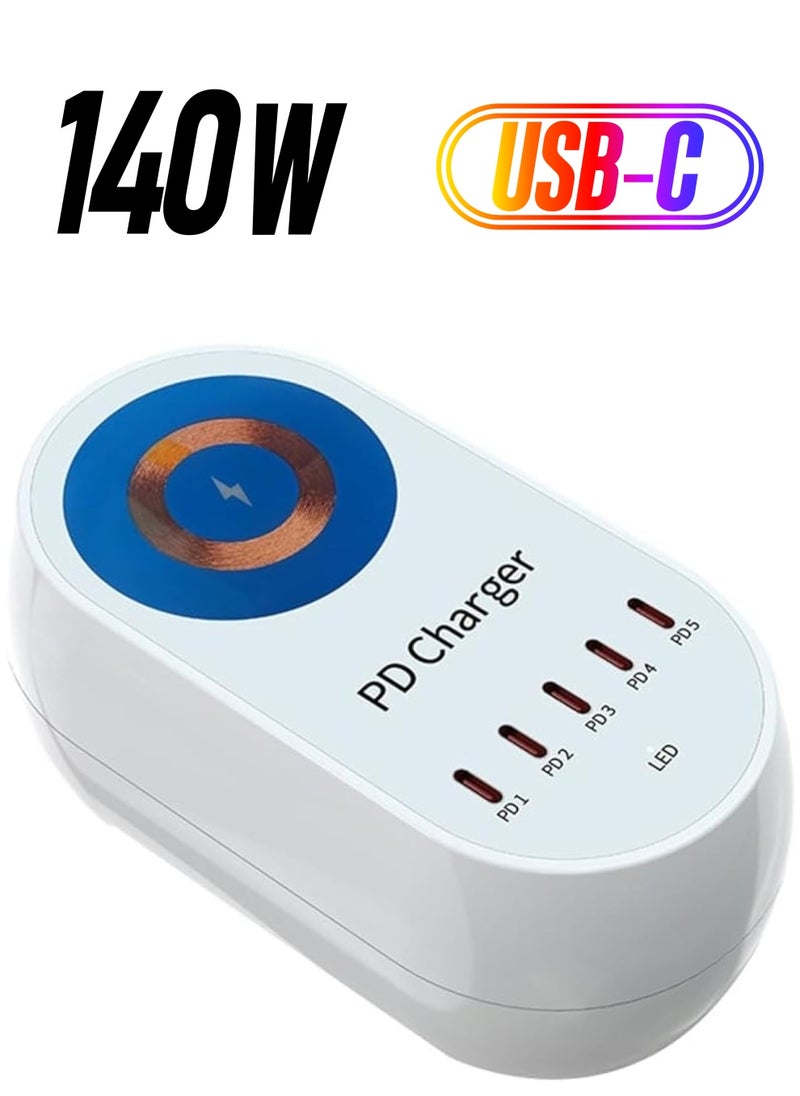 AMBERJACK 140W GaN Multi-Port Charger with Wireless Fast Charging, PD Multi-port Charger, Support 15W Wireless Fast Charging, 5 Ports PD type C Charging Station For Apple Iphone 16, 15, 14, 13 12, Samsung, Smartphones, Laptops, etc  - Image 1