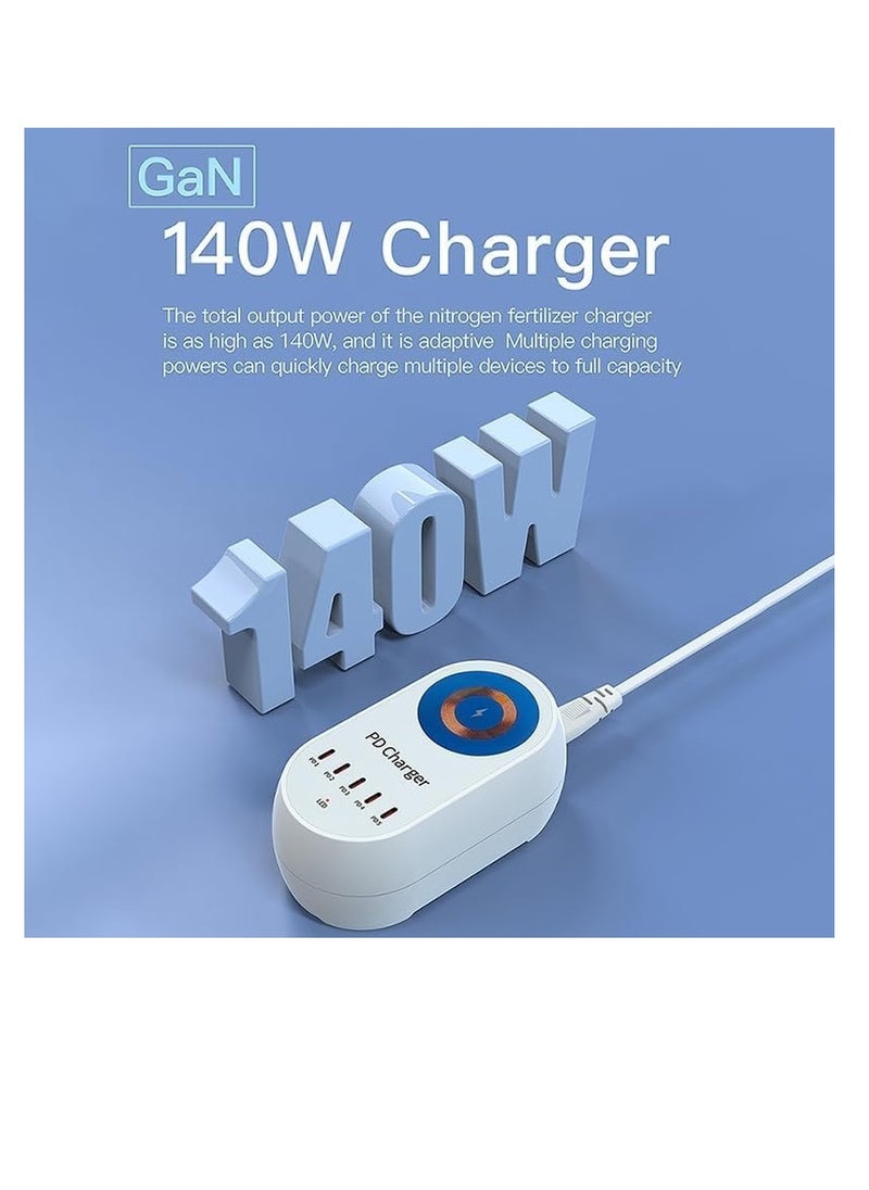 AMBERJACK 140W GaN Multi-Port Charger with Wireless Fast Charging, PD Multi-port Charger, Support 15W Wireless Fast Charging, 5 Ports PD type C Charging Station For Apple Iphone 16, 15, 14, 13 12, Samsung, Smartphones, Laptops, etc  - Image 4