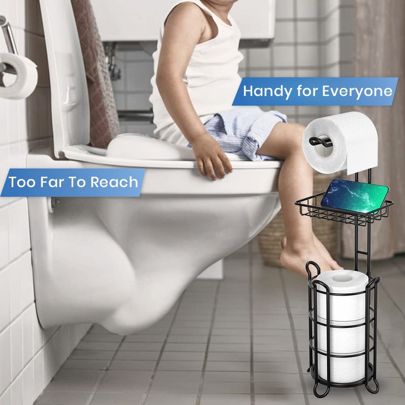 TreeLen Matte Black Bathroom Freestanding Toilet Paper Holder Tissue Roll Holder Stand with Shelf Storage Holds 4 Jumbo Rolls Phone and Wipes - Image 2