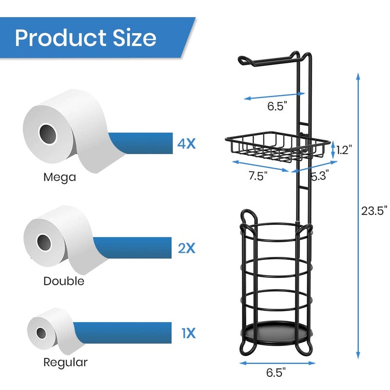 TreeLen Matte Black Bathroom Freestanding Toilet Paper Holder Tissue Roll Holder Stand with Shelf Storage Holds 4 Jumbo Rolls Phone and Wipes - Image 3