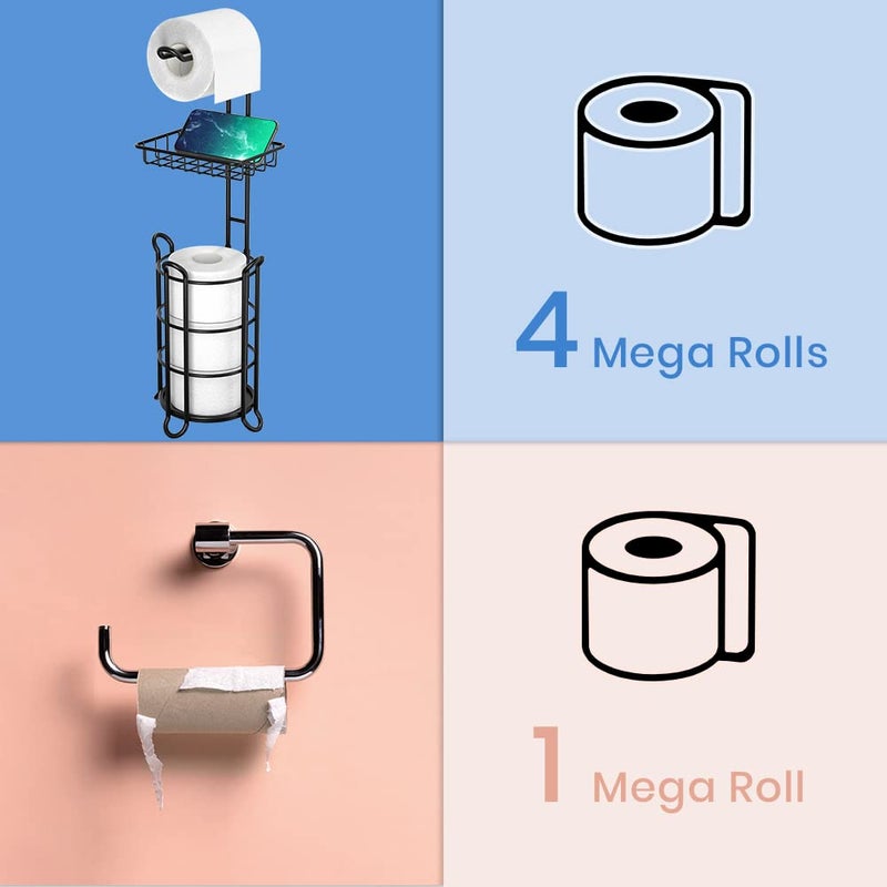 TreeLen Matte Black Bathroom Freestanding Toilet Paper Holder Tissue Roll Holder Stand with Shelf Storage Holds 4 Jumbo Rolls Phone and Wipes - Image 4