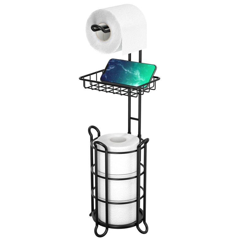 TreeLen Matte Black Bathroom Freestanding Toilet Paper Holder Tissue Roll Holder Stand with Shelf Storage Holds 4 Jumbo Rolls Phone and Wipes - Image 1