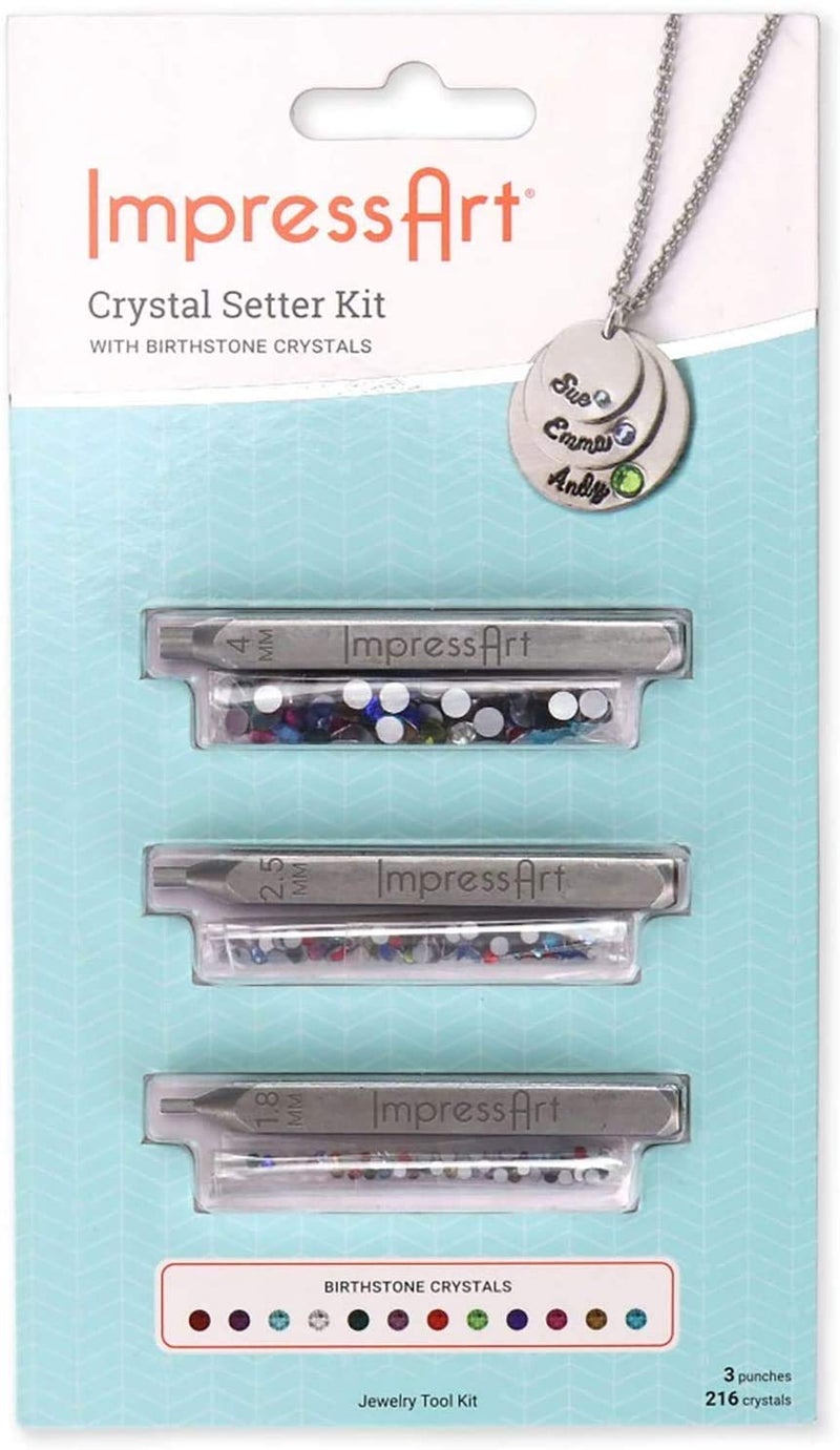 ImpressArt Crystal Setter Metal Stamping Punches Kit Includes 216 Birthstone Colored Crystals and 3 Metal Stamping Punches