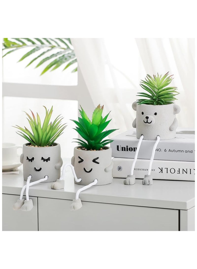 NANAO 3Pots Artificial Plants Cute Faux Succulents Small Fake Plants in Cement Pots with Hanging Leg Fake Mini Potted Succulents for Office Decor Table Desk Home Bedroom Shelf Farmhouse Decoration - Image 3