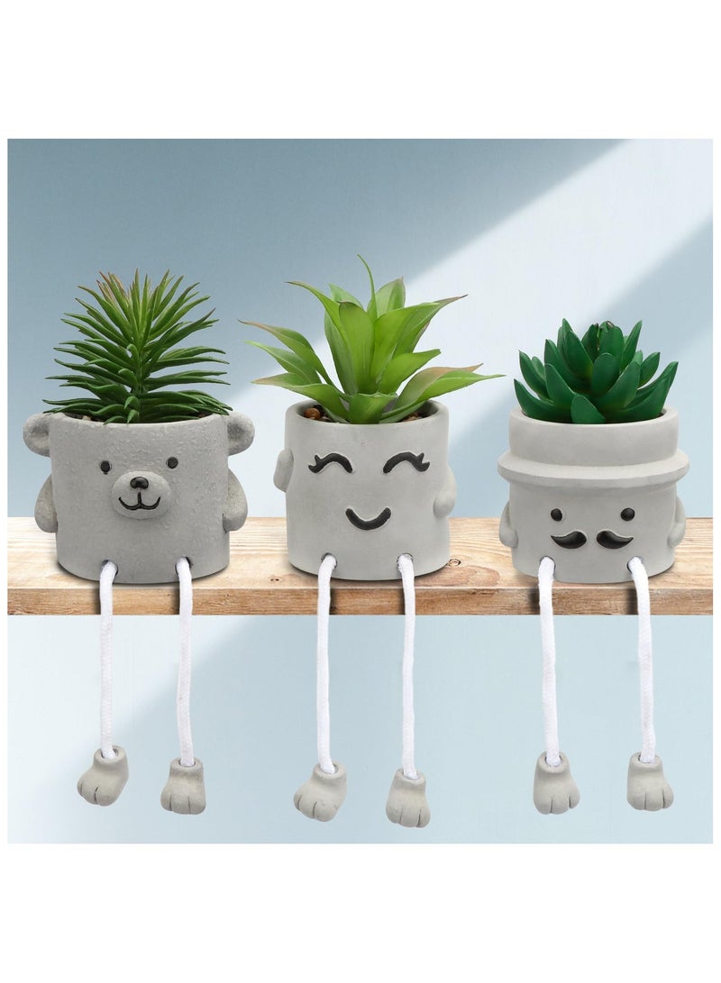 NANAO 3Pots Artificial Plants Cute Faux Succulents Small Fake Plants in Cement Pots with Hanging Leg Fake Mini Potted Succulents for Office Decor Table Desk Home Bedroom Shelf Farmhouse Decoration - Image 1