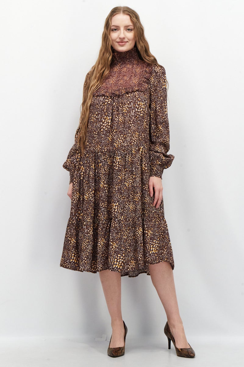 French Connection Women Long Sleeve Allover Print Midi Dress, Brown - Image 1
