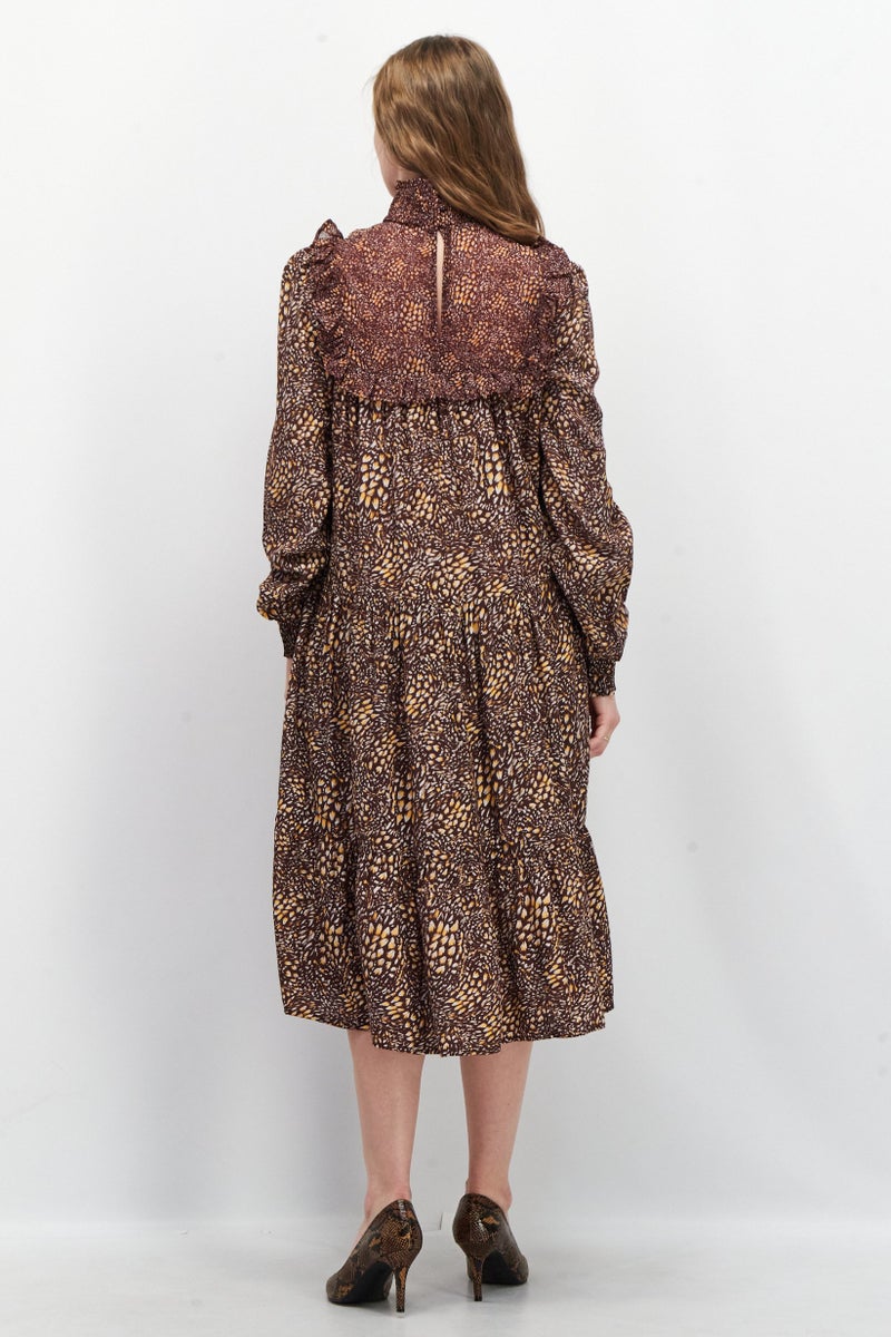 French Connection Women Long Sleeve Allover Print Midi Dress, Brown - Image 2