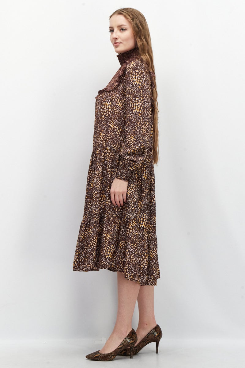 French Connection Women Long Sleeve Allover Print Midi Dress, Brown - Image 3
