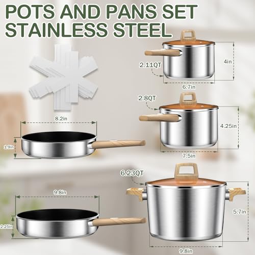 DUTZUN Stainless Steel Cookware Set 13PCS, Pots and Pans Set, Induction Cookware, Kitchen Cooking Set, Heavy Duty, Tri-Ply Base, Dishwasher Safe - Image 2