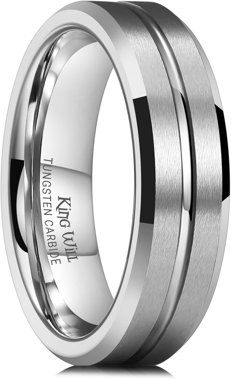 King Will Tungsten Carbide Wedding Band for Men Women-6/8/10mm Width Multicolor Available with Grooved Center Wedding Ring Suitable for Work, Gym Comfort Fit Size 4-16 - Image 1
