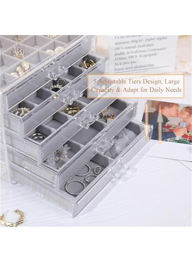 عربست ميسايا منظم مجوهرات للاقراط مع 5 ادراج، هدية ، صندوق مجوهرات اكريليك شفاف للنساء، حامل عرض حلقان مخملي للاقراط والخواتم والاساور والقلائد، رمادي - Image 5
