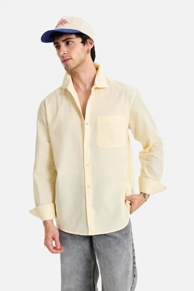 سنيتش Light Yellow Solid Long Sleeve Regular Fit Casual Shirt