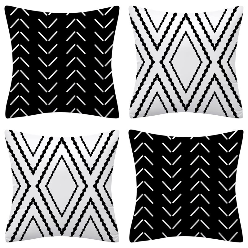 Drmstow Set of 4 Pillow Covers 18x18 Inches Black and White Boho Throw Pillow Covers Modern Geometric Pattern Decorative Cushion Pillowcases for Home Decor Couch Bedroom Sofa Chair Car