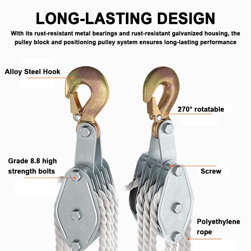 Pulley Block: 1100 Lbs Load Capacity - Strong 270° Rotatable Zinc Alloy Hook High-strength Polyethylene Rope Hoist for Home Garage Outdoor Heavy Lifting - Image 4