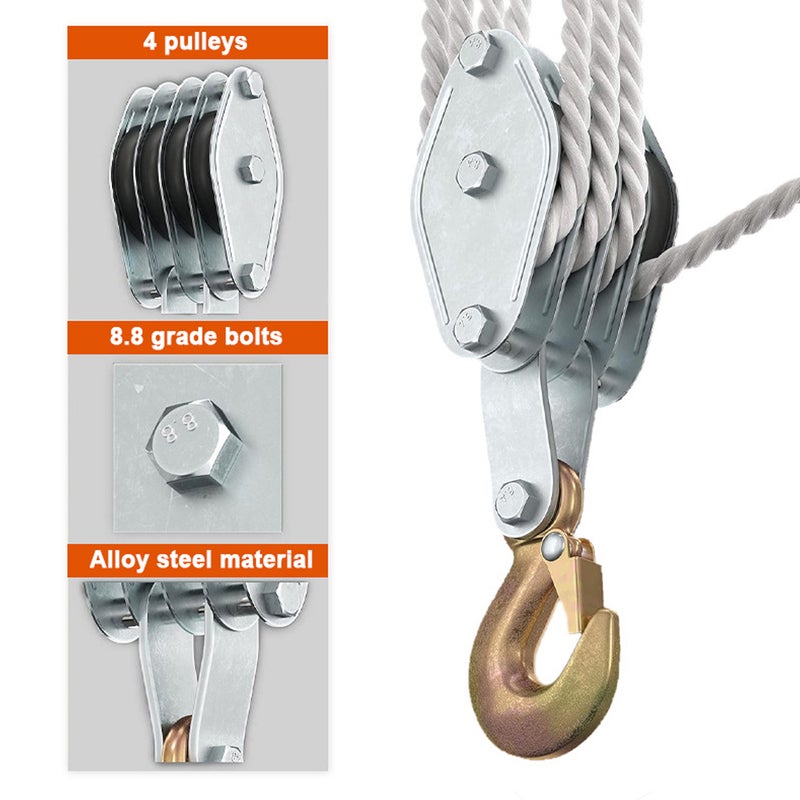 Pulley Block: 1100 Lbs Load Capacity - Strong 270° Rotatable Zinc Alloy Hook High-strength Polyethylene Rope Hoist for Home Garage Outdoor Heavy Lifting - Image 2