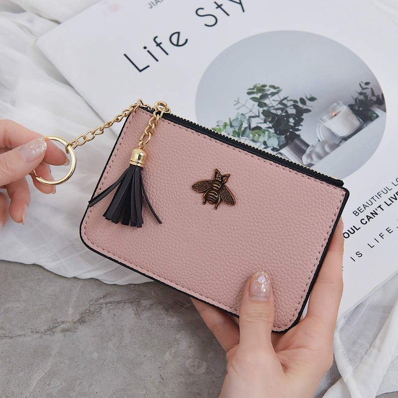 AnnabelZ Women's Coin Purse Change Wallet Pouch Leather Card Holder with Key Chain Tassel Zip (Light Pink) - Image 3