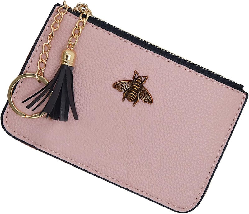 AnnabelZ Women's Coin Purse Change Wallet Pouch Leather Card Holder with Key Chain Tassel Zip (Light Pink) - Image 1