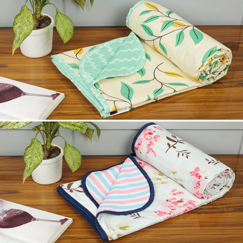 BSB HOME Pure Cotton 120 GSM Reversible Soft Lightweight Printed Single Bed Blanket/AC Dohar/Skin Friendly Dohar- Pack of 2 (152 x 225 cm- White Pink and Green) - Image 1