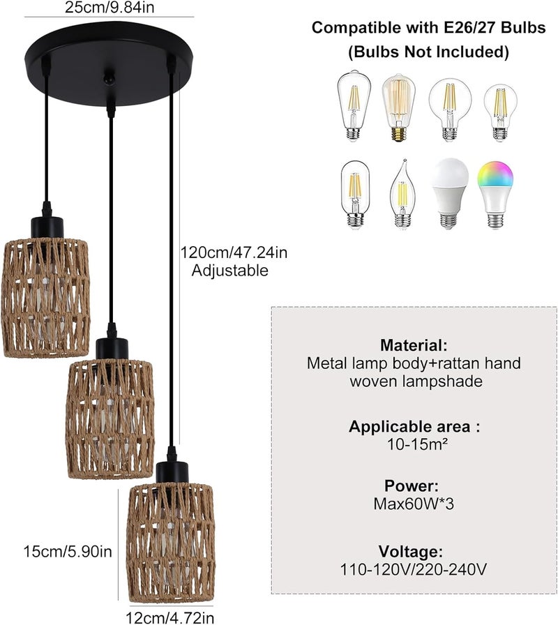 Garwarm 3-Light Rattan Pendant Light Fixtures, Industrial brown Hanging Lighting, Adjustable Woven Wicker Chandelier, Farmhouse Basket Ceiling Lamp for Kitchen Island Dining Room Bedroom Foyer Hallway - Image 2