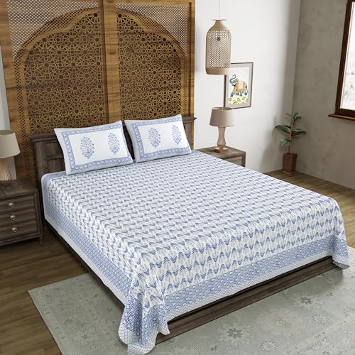 BLOCKS OF INDIA Hand Block Printed 200 TC Cotton King Size Bedsheet (Blue Leaf) - Image 3