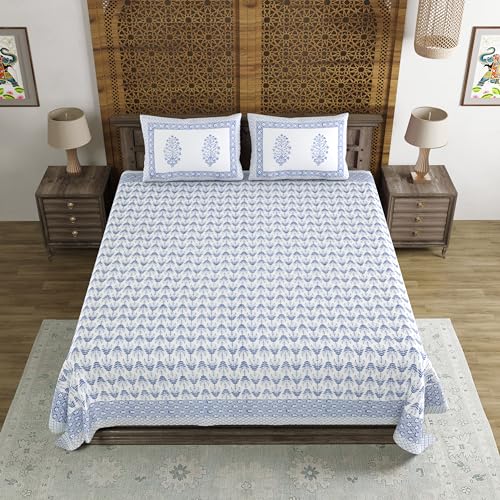 BLOCKS OF INDIA Hand Block Printed 200 TC Cotton King Size Bedsheet (Blue Leaf) - Image 2