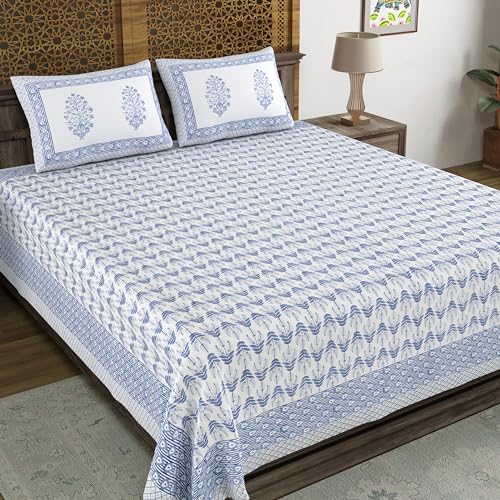 BLOCKS OF INDIA Hand Block Printed 200 TC Cotton King Size Bedsheet (Blue Leaf) - Image 1