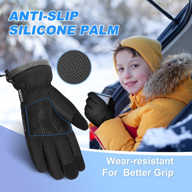 Sukeen Windproof Kids Winter Gloves, Soft Warm Touchscreen Anti-Slip Boys Winter Gloves for Kids Boys Girls Youth Snow Ski Running Cycling Outdoor, Black, M - Image 3
