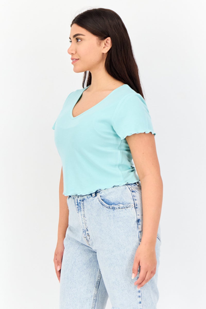 ONLY بلوزة قصيرة بأكمام قصيرة على شكل حرف V للنساء، تركواز - Image 2