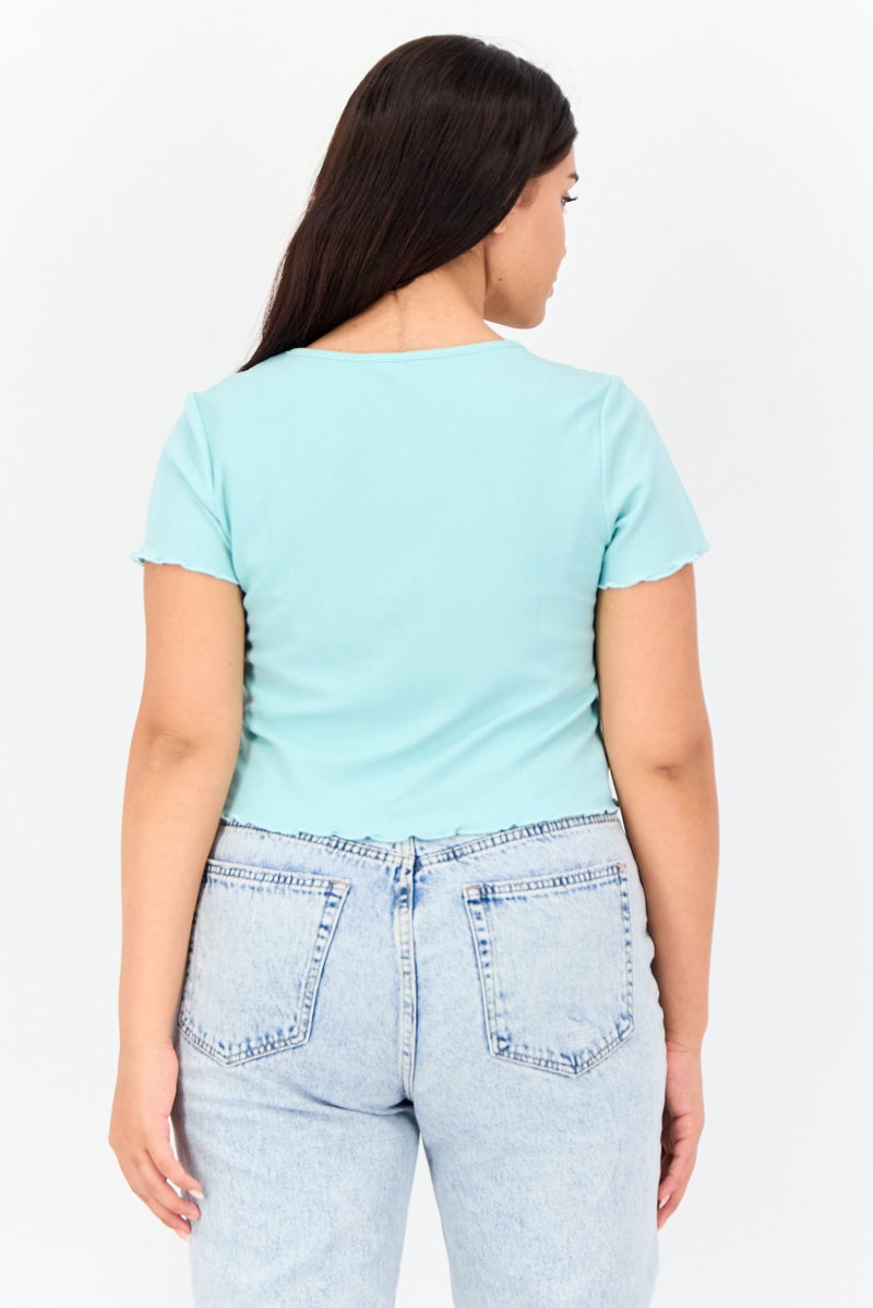 ONLY بلوزة قصيرة بأكمام قصيرة على شكل حرف V للنساء، تركواز - Image 3