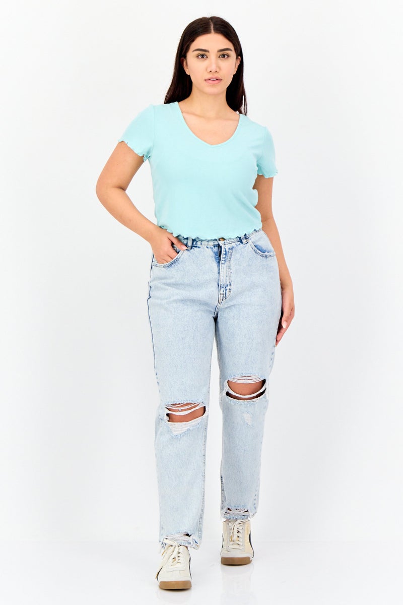 ONLY بلوزة قصيرة بأكمام قصيرة على شكل حرف V للنساء، تركواز - Image 4